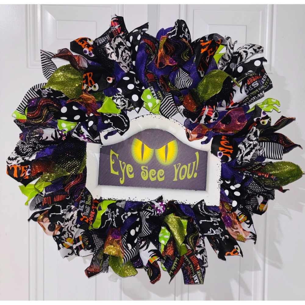Halloween Wreath Eye See You Spooky Deco Mesh Wired Ribbon Decor 21 Inch